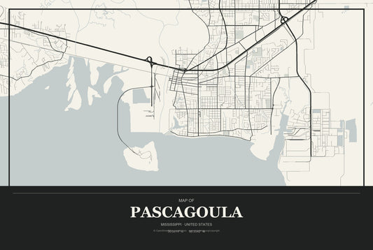 Pascagoula, Mississippi City Map Aluminum Sign in Museum Plaque style