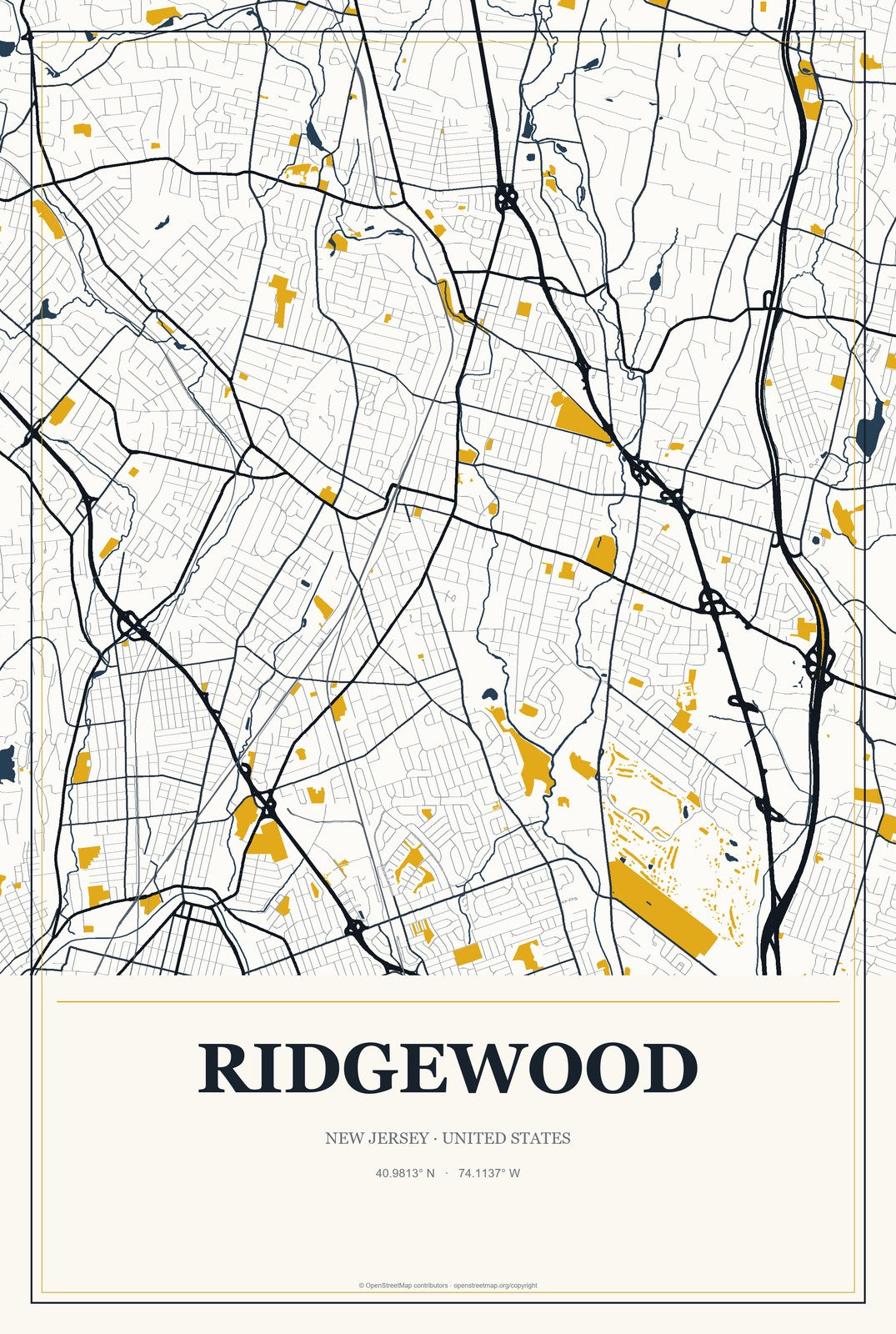 Ridgewood, New Jersey City Map Aluminum Sign in Citrine Modern style