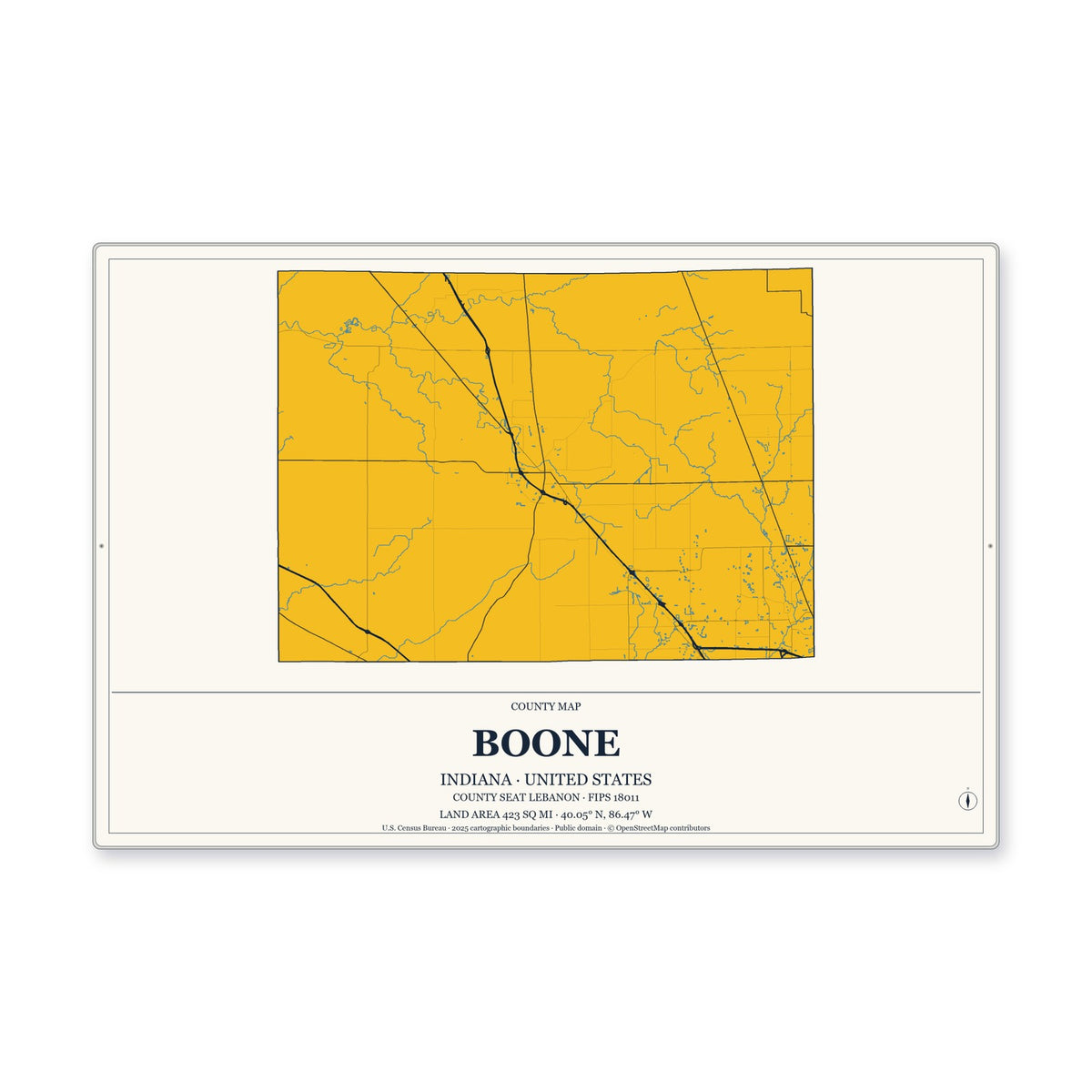 Boone County, Indiana Map Aluminum Sign in Citrine Modern style