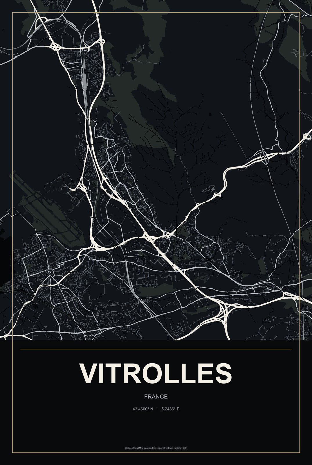 Vitrolles, France City Map Aluminum Sign in Metropolitan Noir style