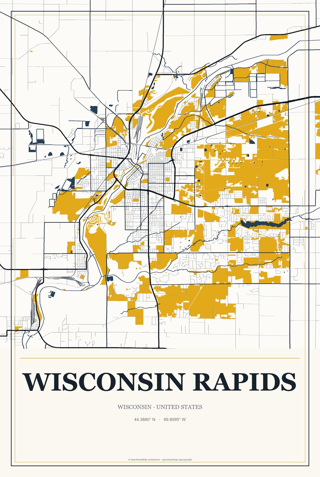 Wisconsin Rapids, Wisconsin City Map Aluminum Sign in Citrine Modern style