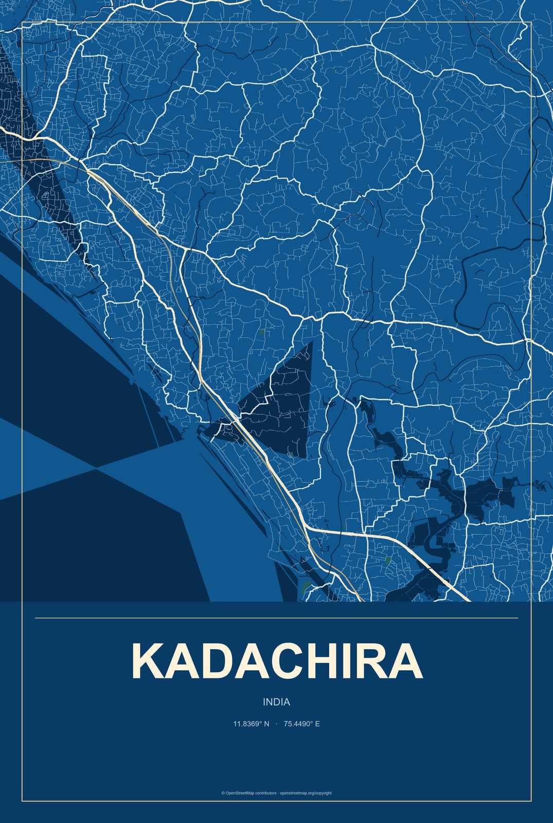 Kadachira, India City Map Aluminum Sign in Harbor Cobalt style