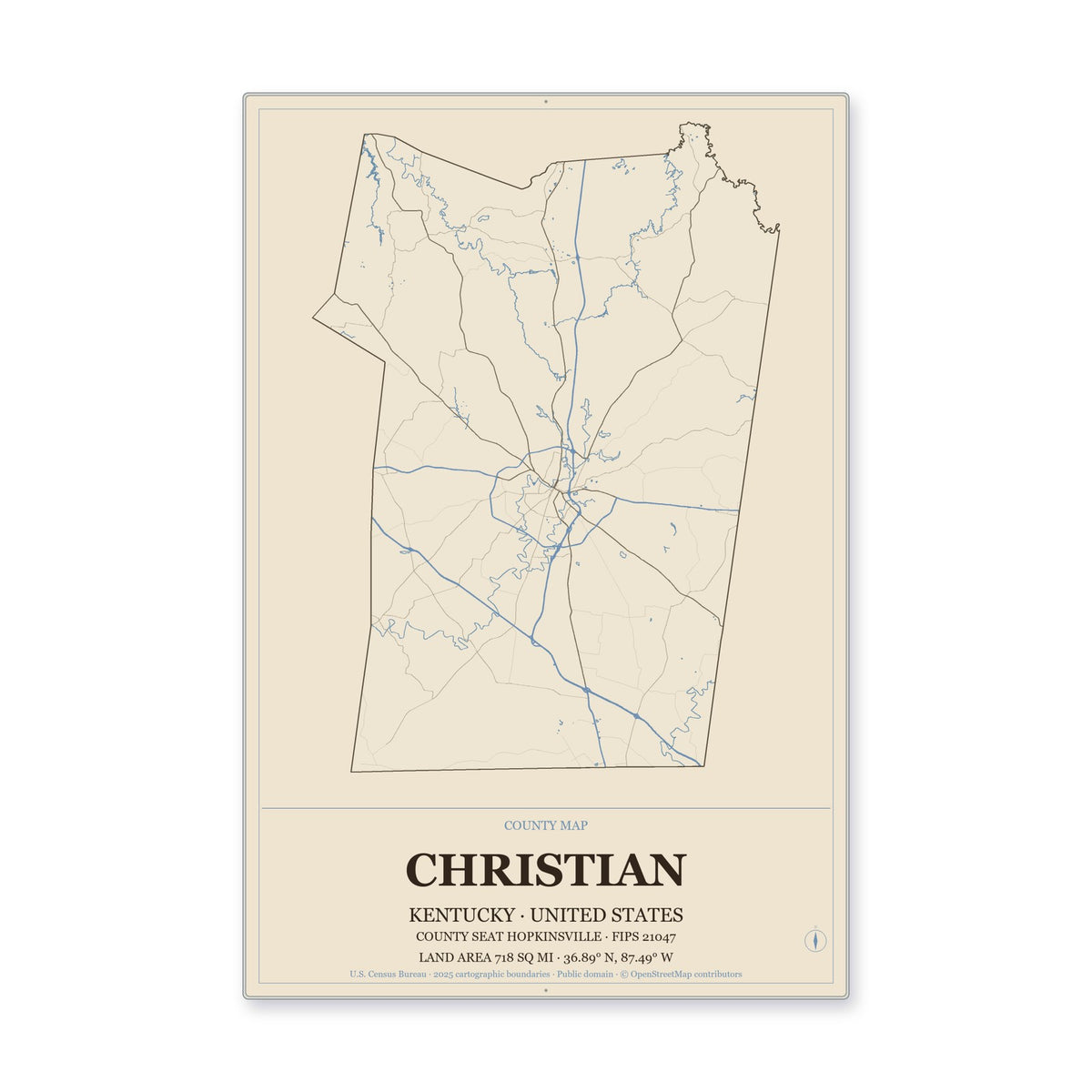 Christian County, Kentucky Map Aluminum Sign in Heritage Nautical style