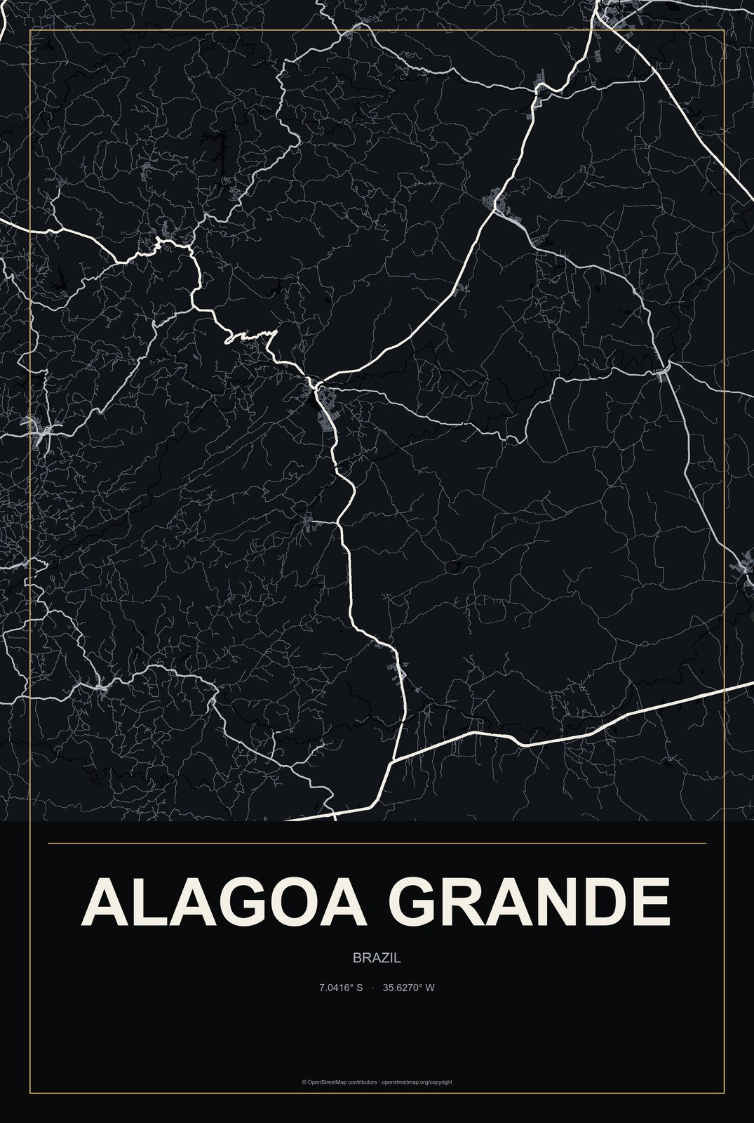 Alagoa Grande, Brazil City Map Aluminum Sign in Metropolitan Noir style