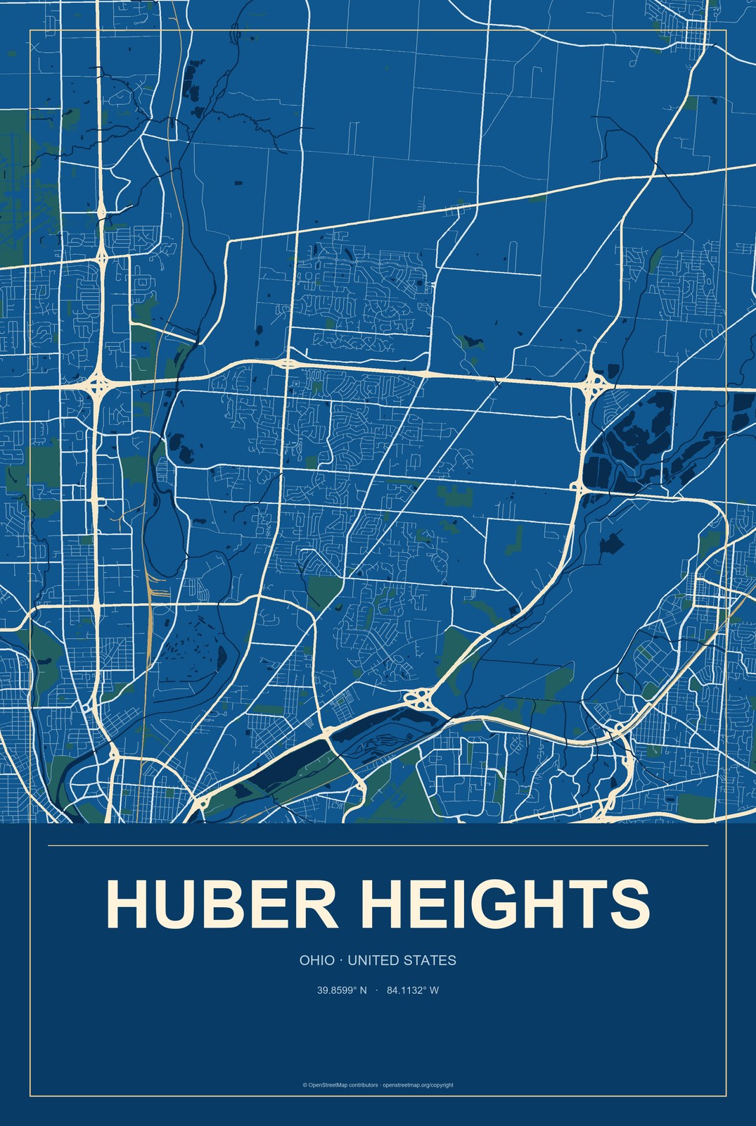 Huber Heights, Ohio City Map Aluminum Sign in Harbor Cobalt style