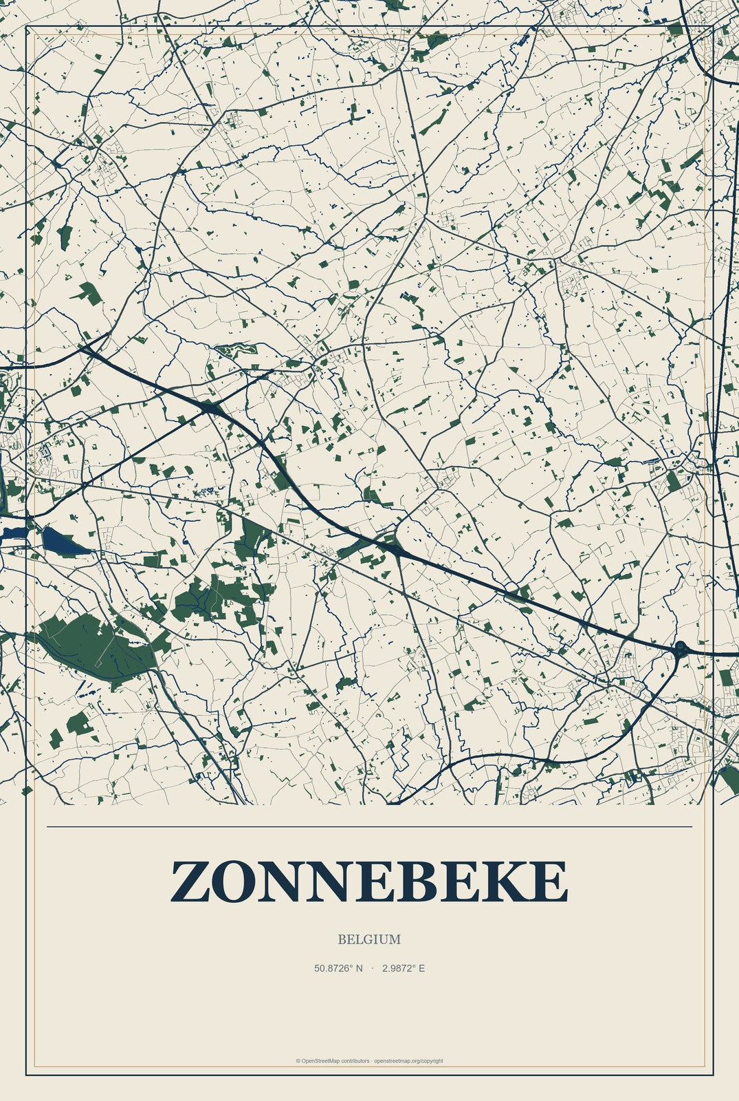 Zonnebeke, Belgium City Map Aluminum Sign in Coastal Cutout style