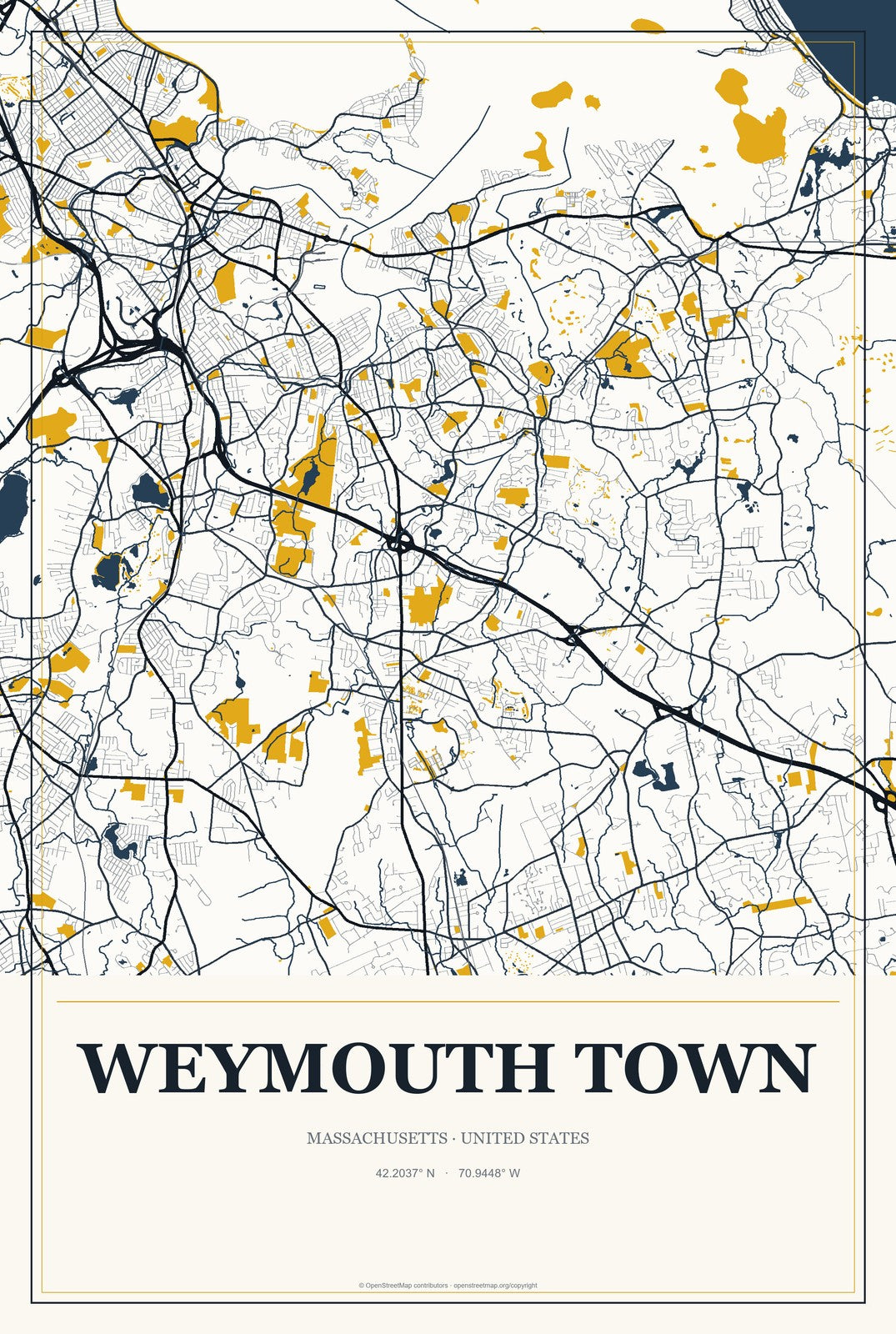 Weymouth Town, Massachusetts City Map Aluminum Sign in Citrine Modern style