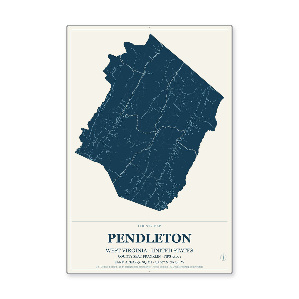 Pendleton County, West Virginia Map Aluminum Sign in Coastal Cutout style
