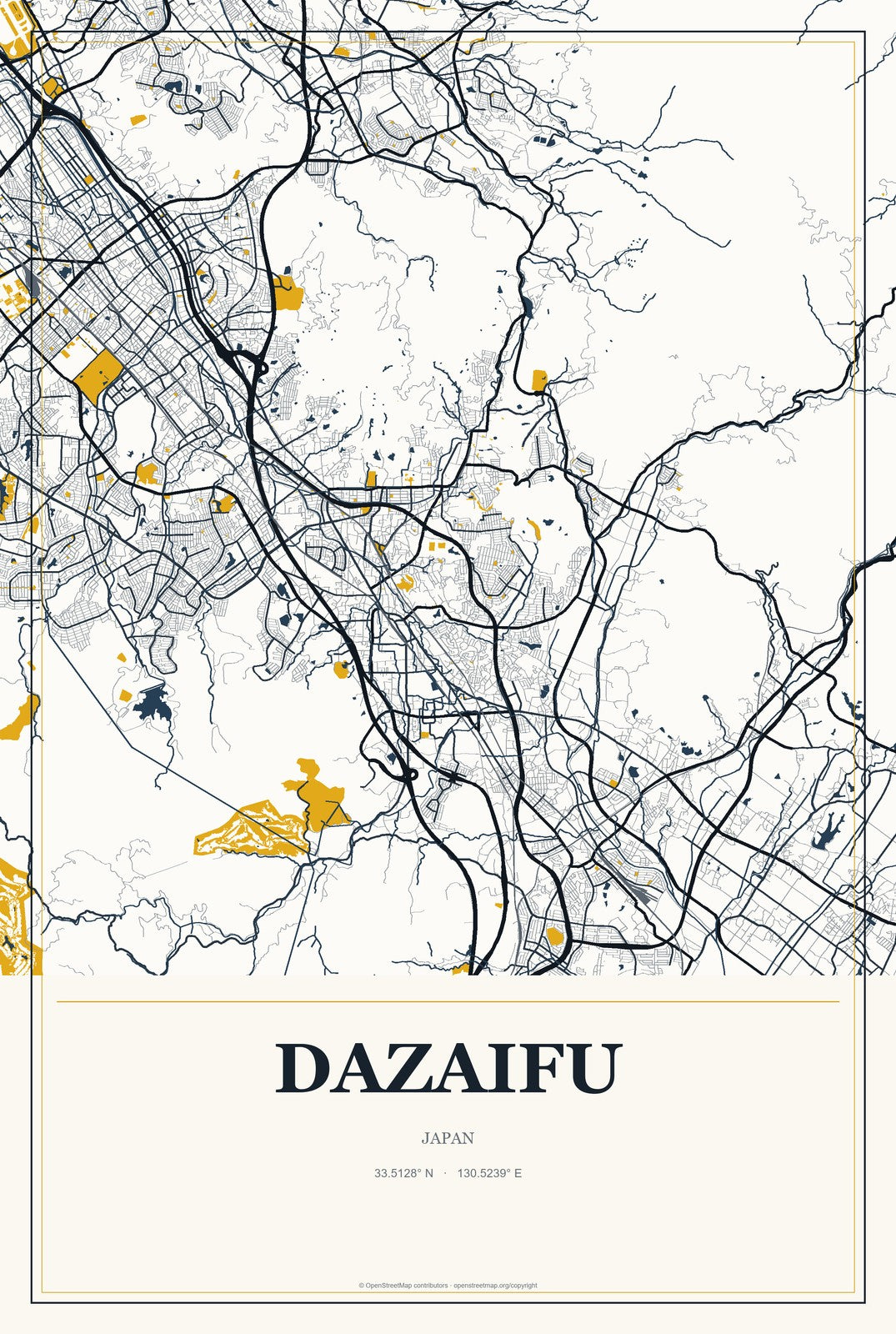 Dazaifu, Japan City Map Aluminum Sign in Citrine Modern style