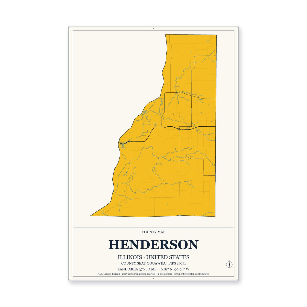 Henderson County, Illinois Map Aluminum Sign in Citrine Modern style