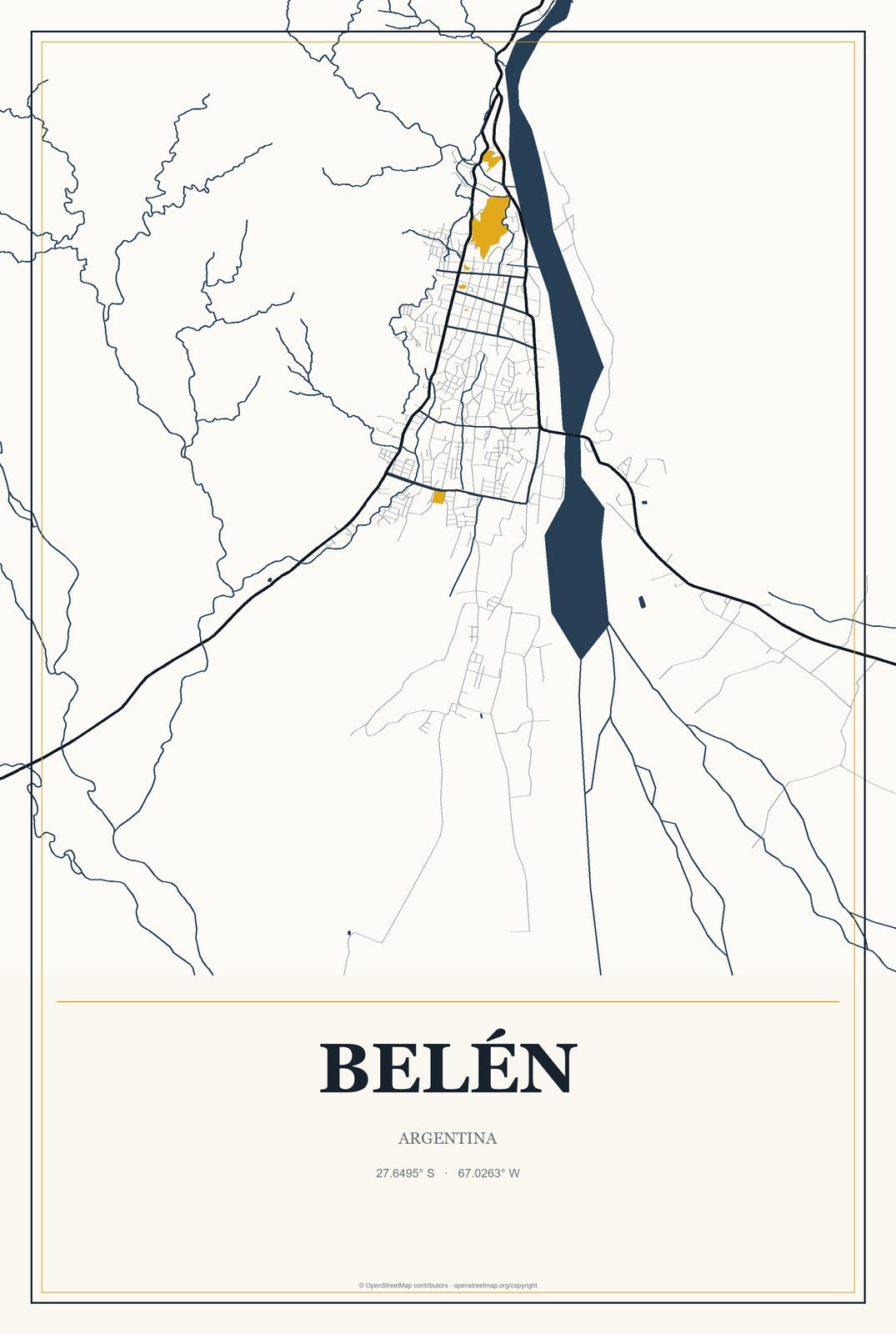 Belén, Argentina City Map Aluminum Sign in Citrine Modern style
