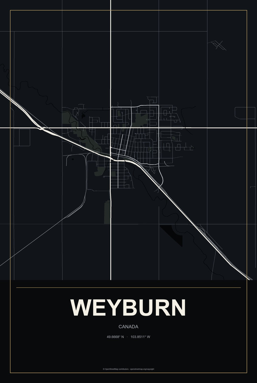 Weyburn, Canada City Map Aluminum Sign in Metropolitan Noir style