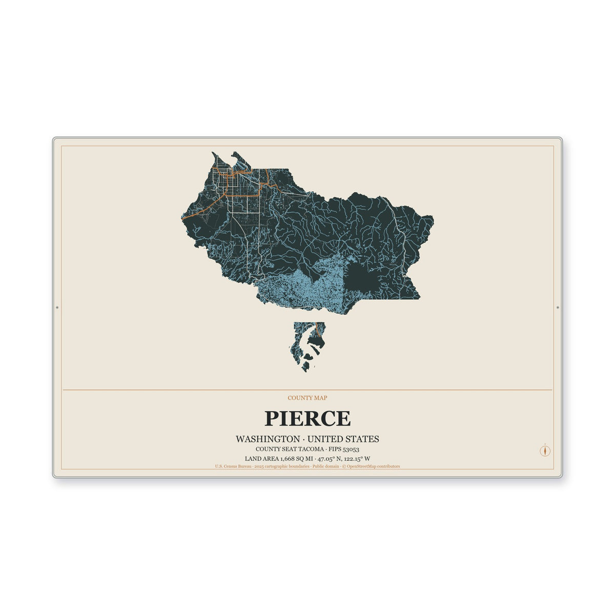 Pierce County, Washington Map Aluminum Sign in Headline Atlas style
