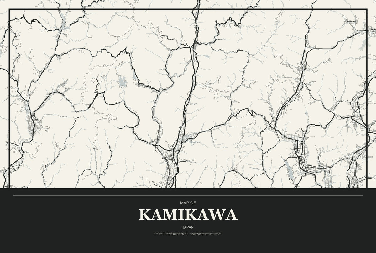 Kamikawa, Japan City Map Aluminum Sign in Museum Plaque style