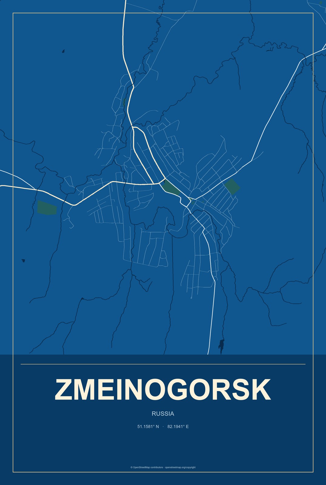 Zmeinogorsk, Russia City Map Aluminum Sign in Harbor Cobalt style