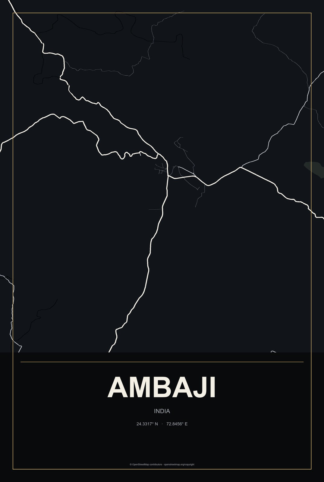 Ambaji, India City Map Aluminum Sign in Metropolitan Noir style