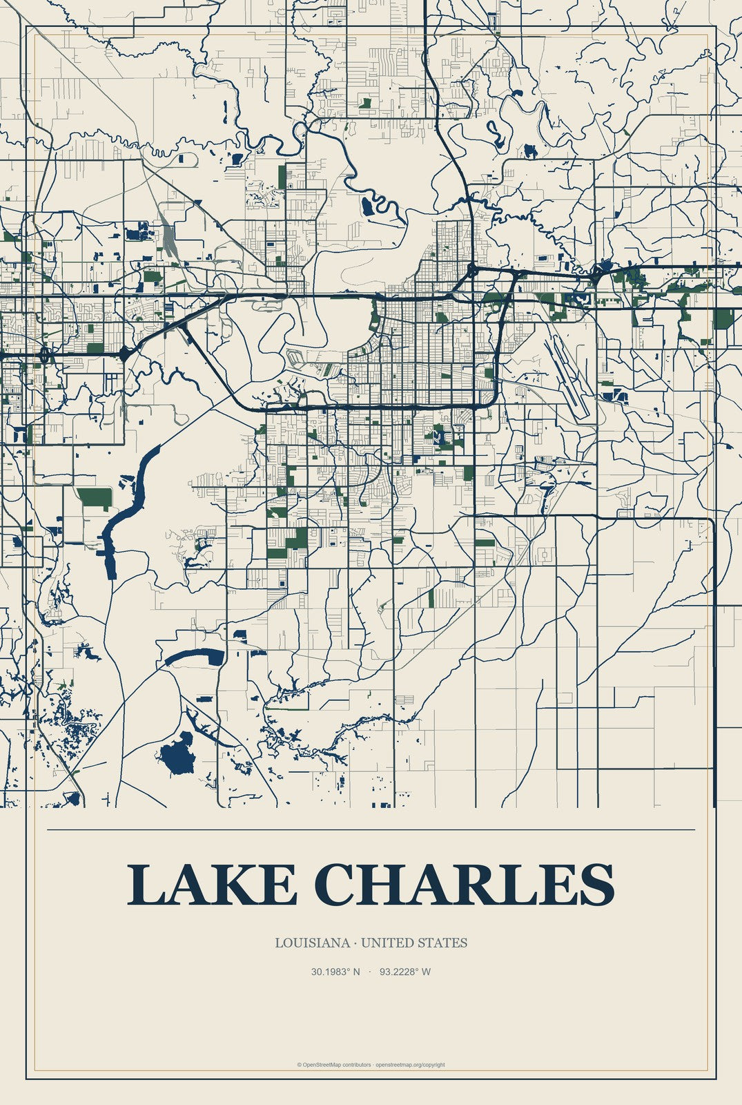 Lake Charles, Louisiana City Map Aluminum Sign in Coastal Cutout style