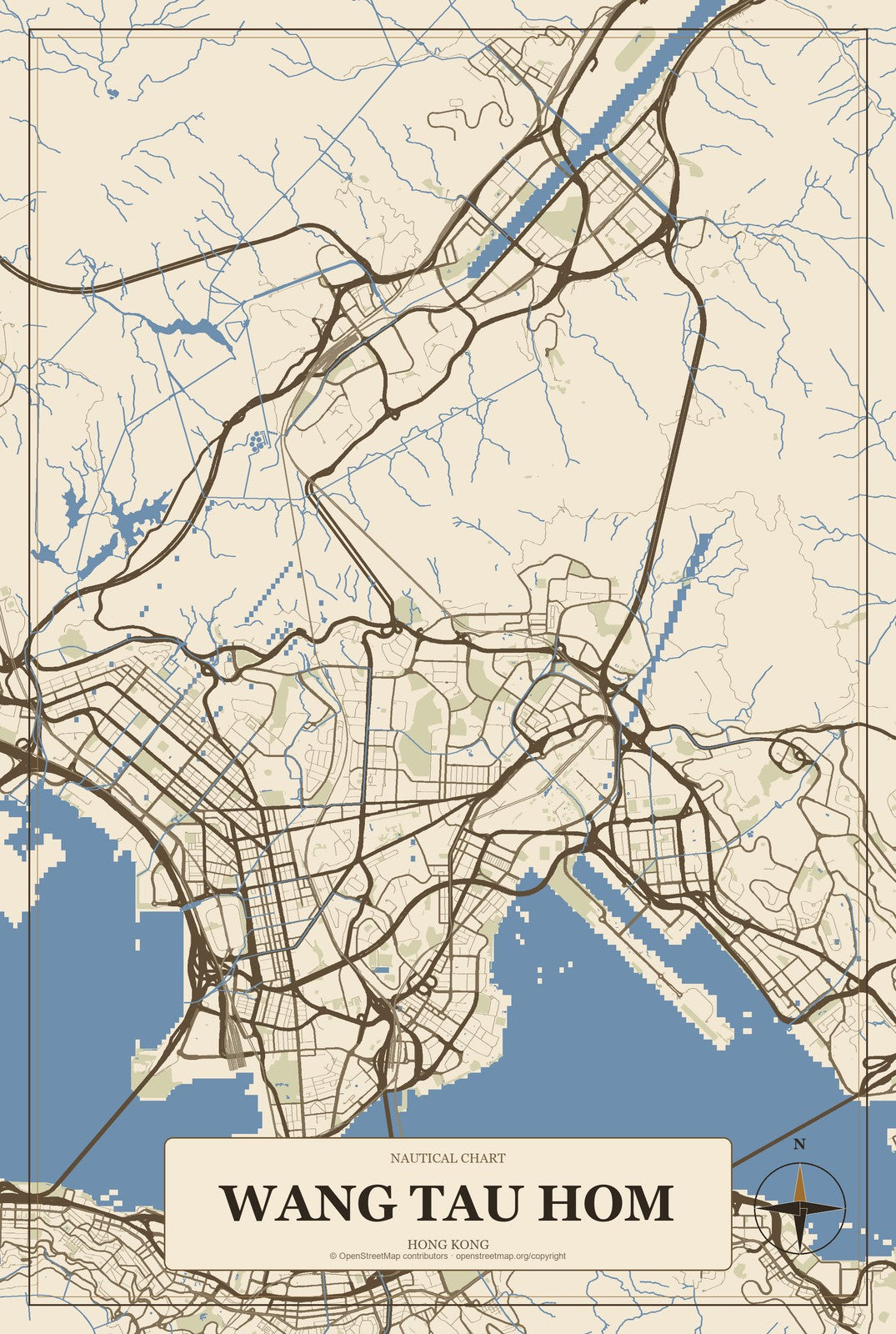 Wang Tau Hom, Hong Kong City Map Aluminum Sign in Heritage Nautical style