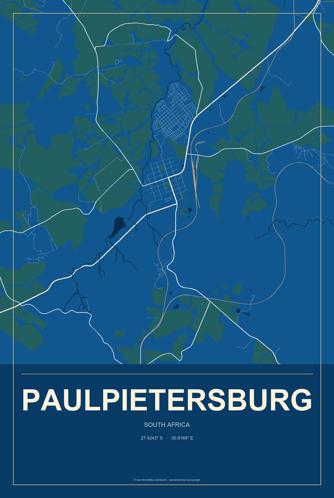 Paulpietersburg, South Africa City Map Aluminum Sign in Harbor Cobalt style