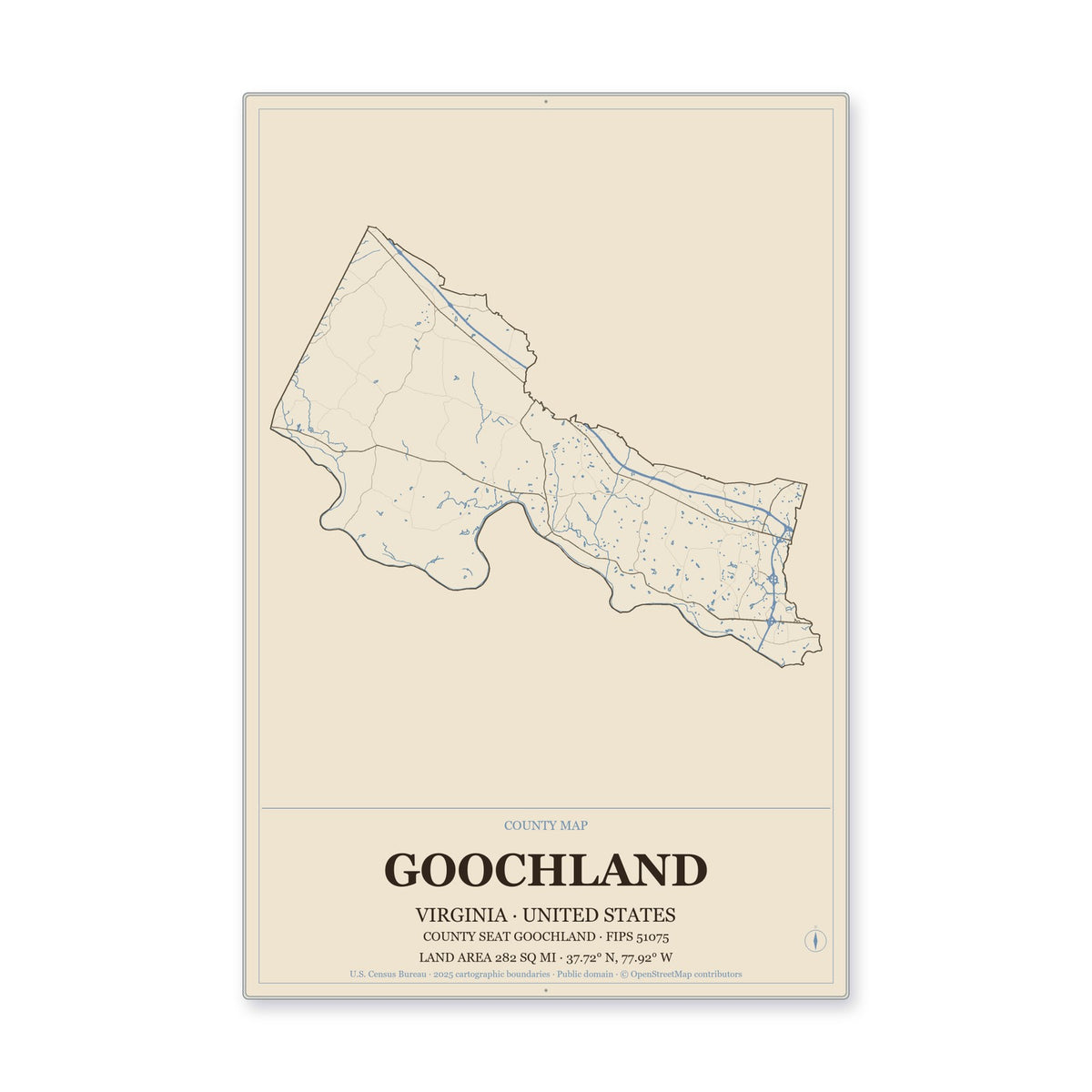 Goochland County, Virginia Map Aluminum Sign in Heritage Nautical style