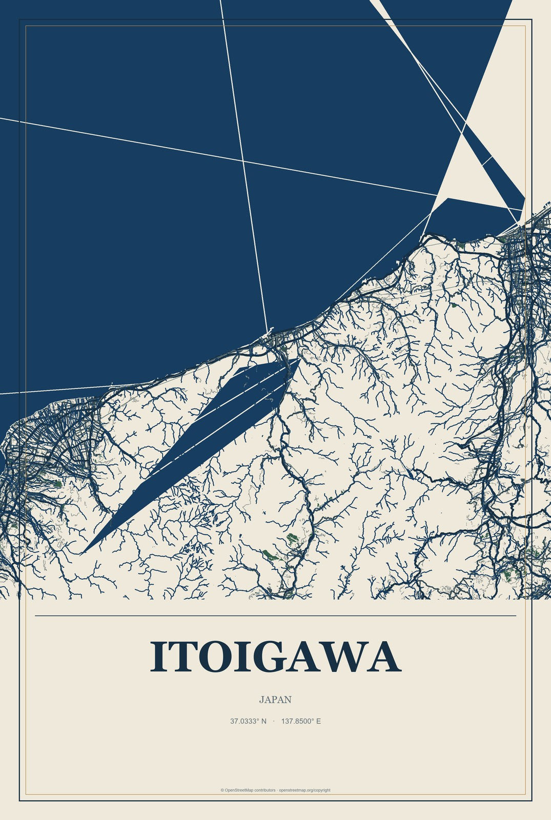 Itoigawa, Japan City Map Aluminum Sign in Coastal Cutout style