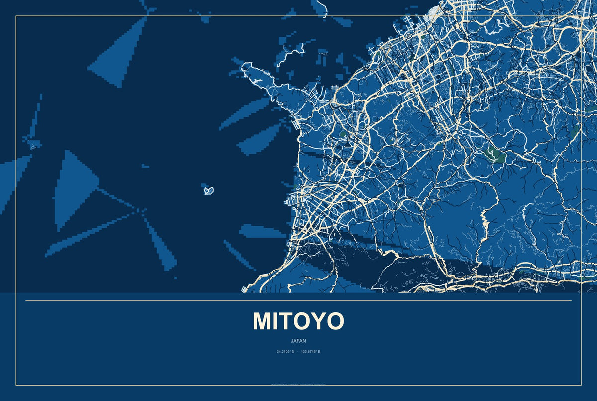 Mitoyo, Japan City Map Aluminum Sign in Harbor Cobalt style