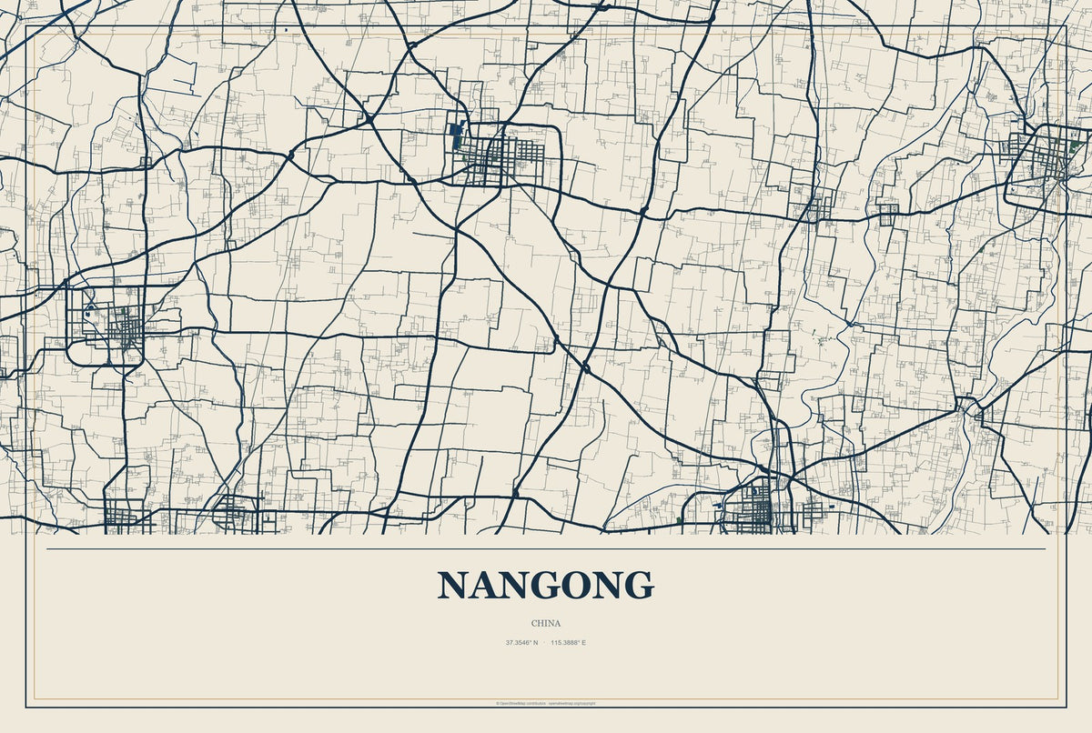 Nangong, China City Map Aluminum Sign in Coastal Cutout style
