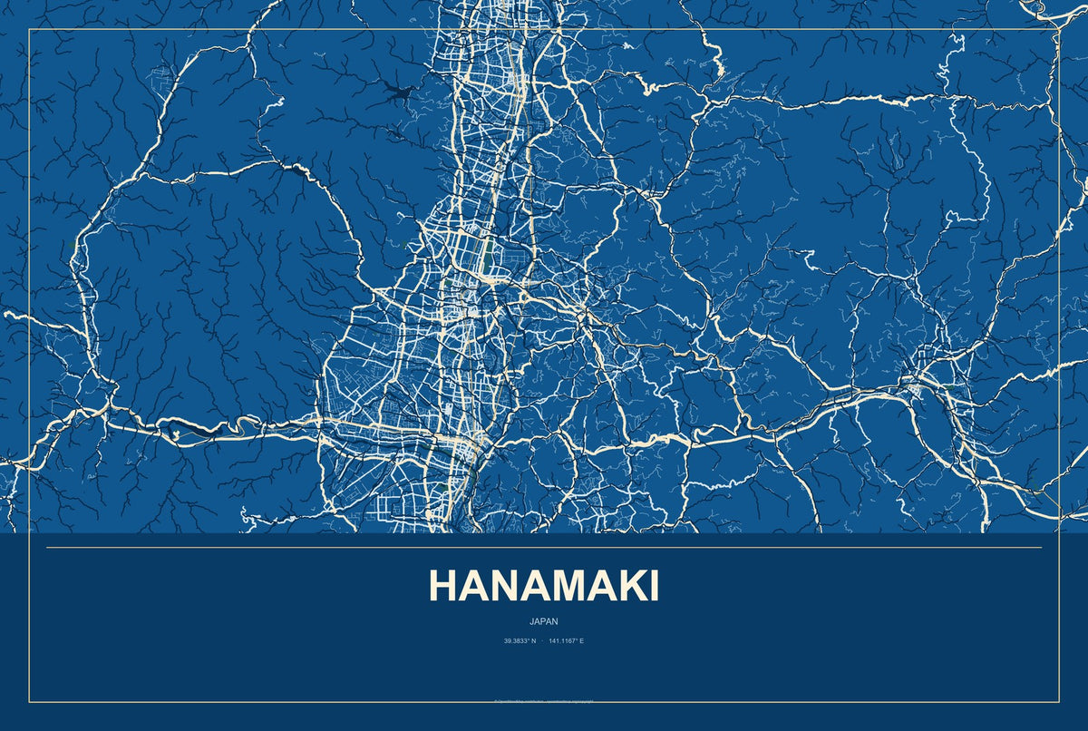 Hanamaki, Japan City Map Aluminum Sign in Harbor Cobalt style