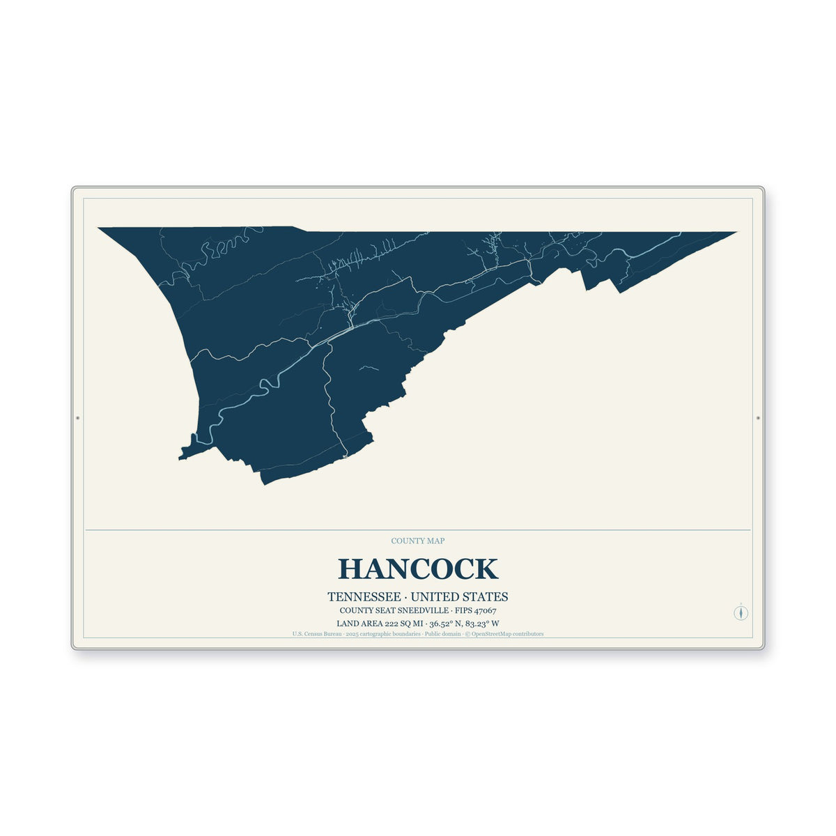 Hancock County, Tennessee Map Aluminum Sign in Coastal Cutout style