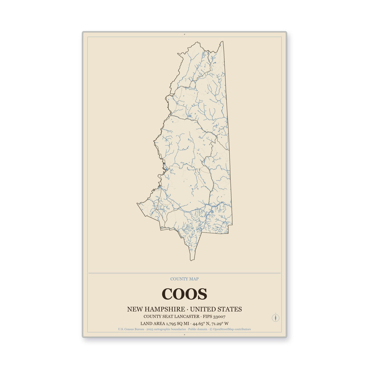 Coos County, New Hampshire Map Aluminum Sign in Heritage Nautical style