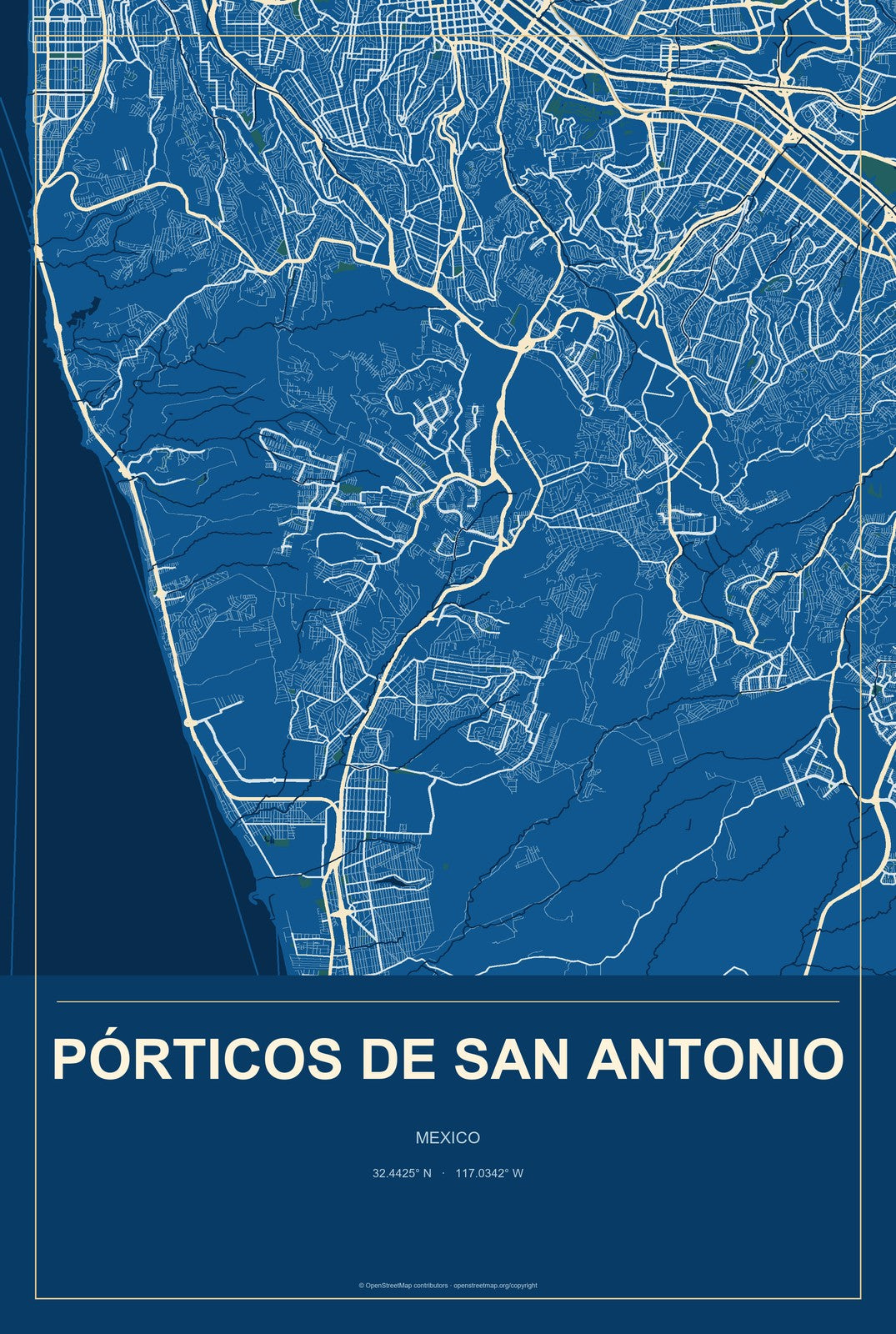 Pórticos de San Antonio, Mexico City Map Aluminum Sign in Harbor Cobalt style