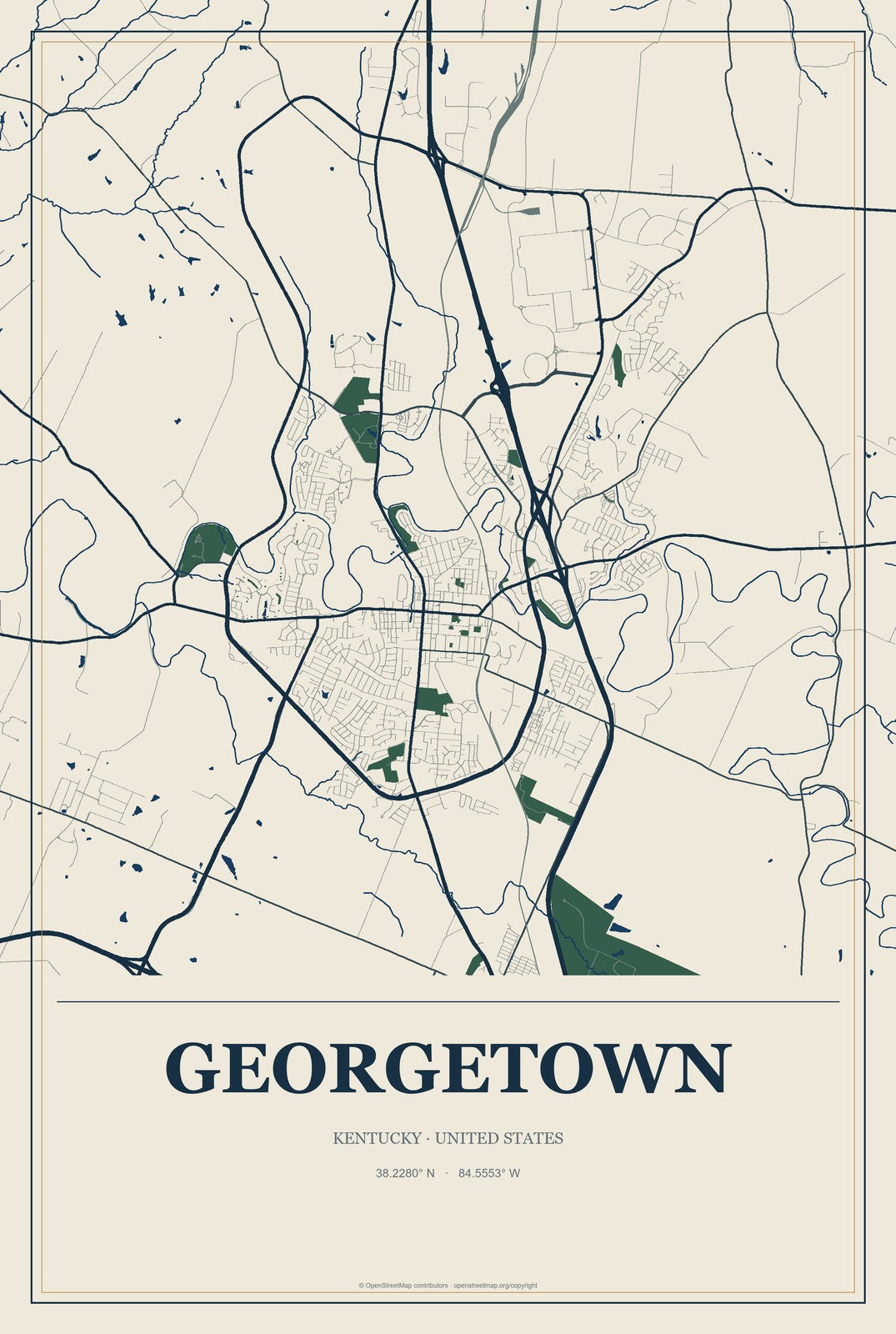 Georgetown, Kentucky City Map Aluminum Sign in Coastal Cutout style