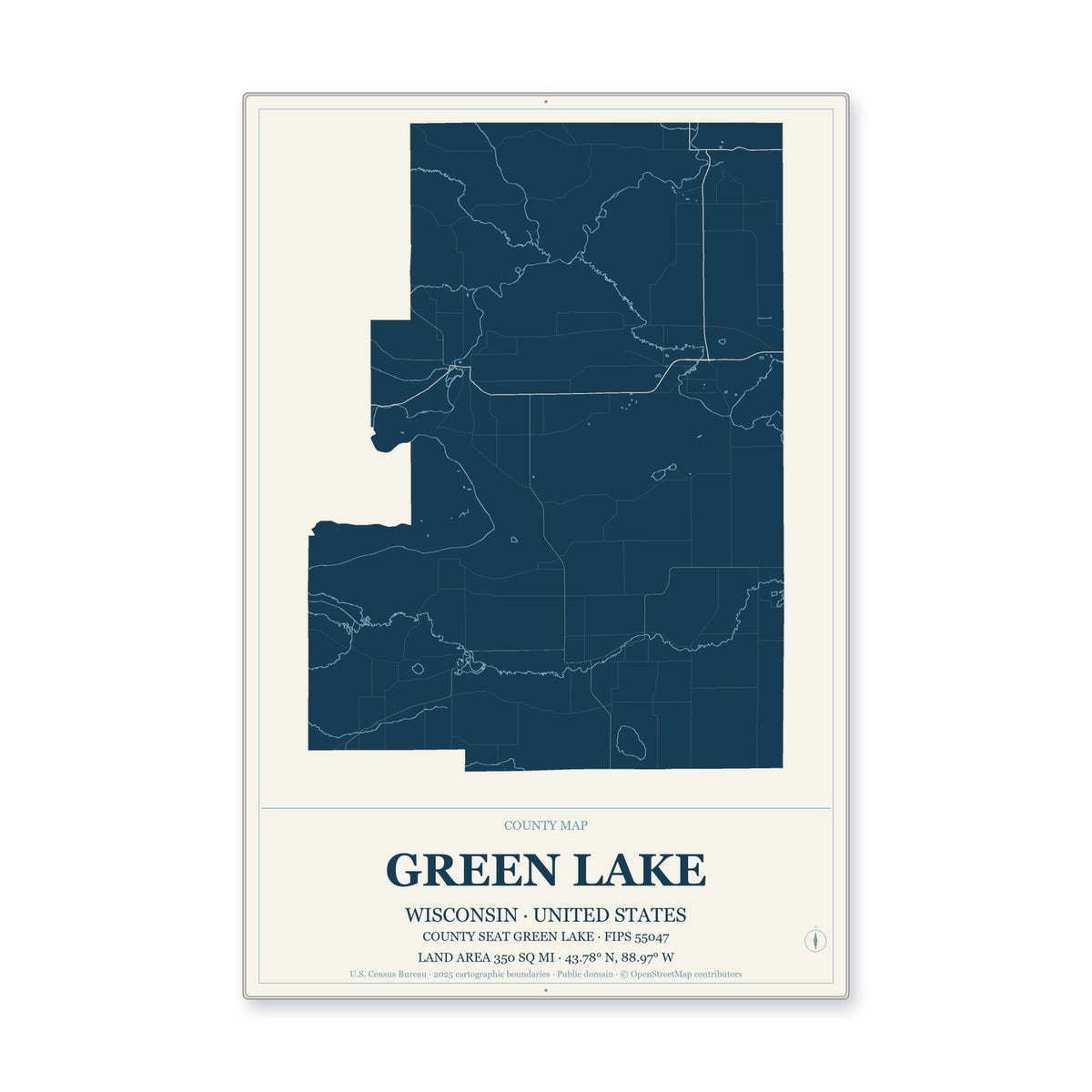 Green Lake County, Wisconsin Map Aluminum Sign in Coastal Cutout style