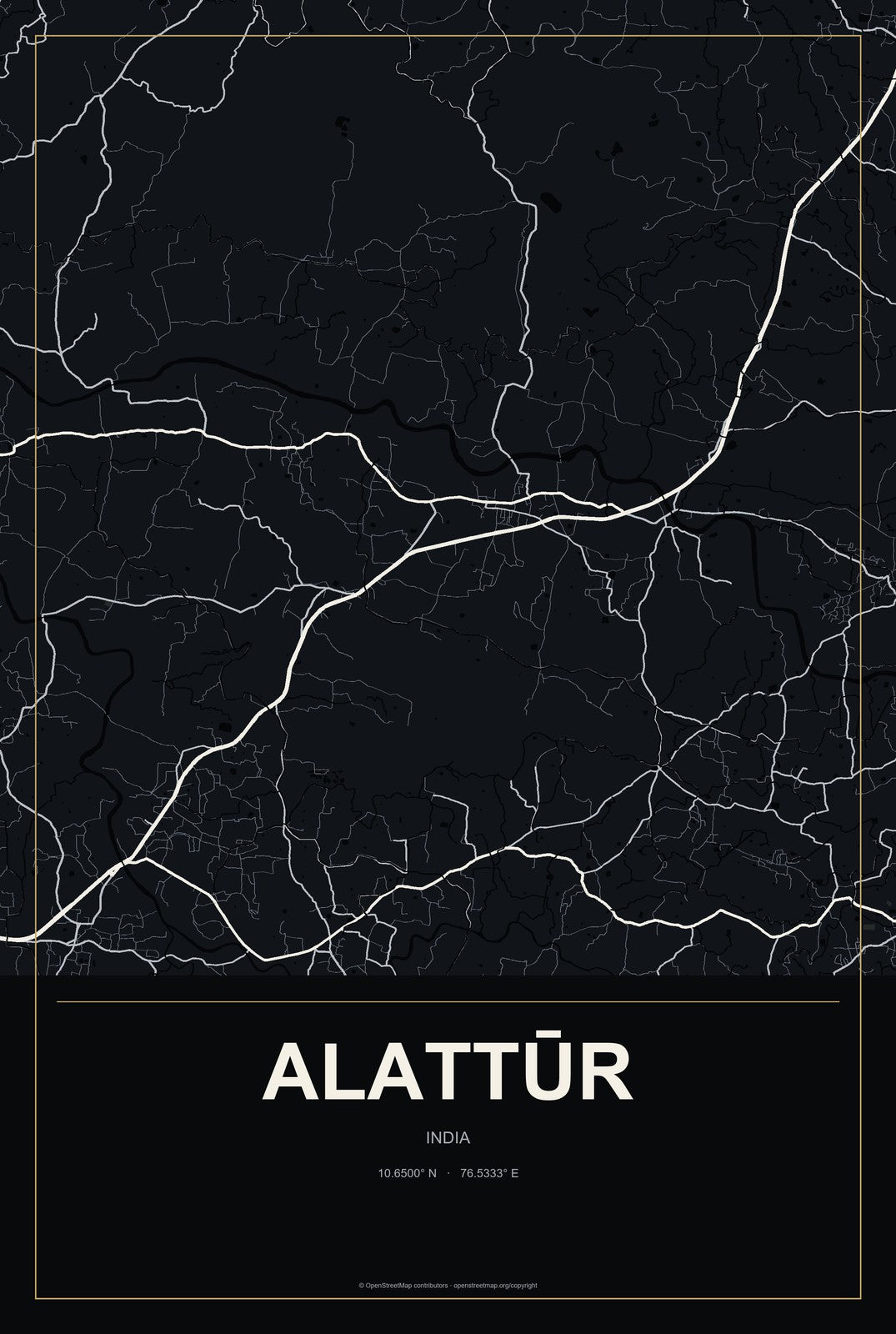 Alattūr, India City Map Aluminum Sign in Metropolitan Noir style