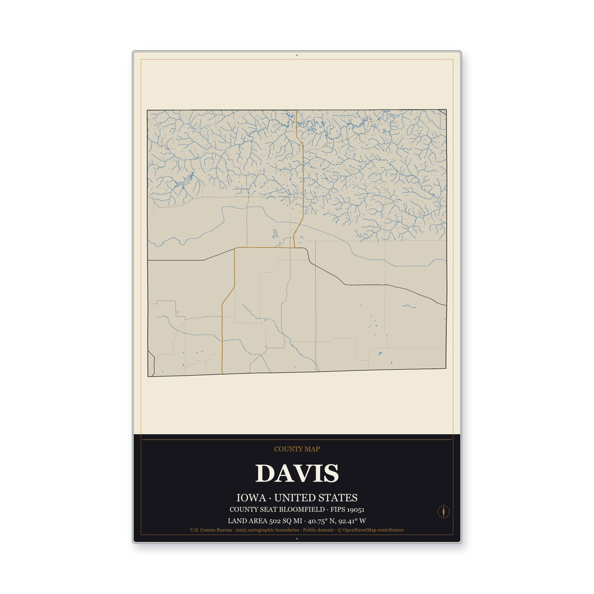 Davis County, Iowa Map Aluminum Sign in Museum Plaque style