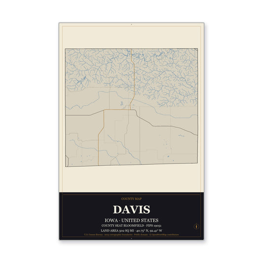 Davis County, Iowa Map Aluminum Sign in Museum Plaque style