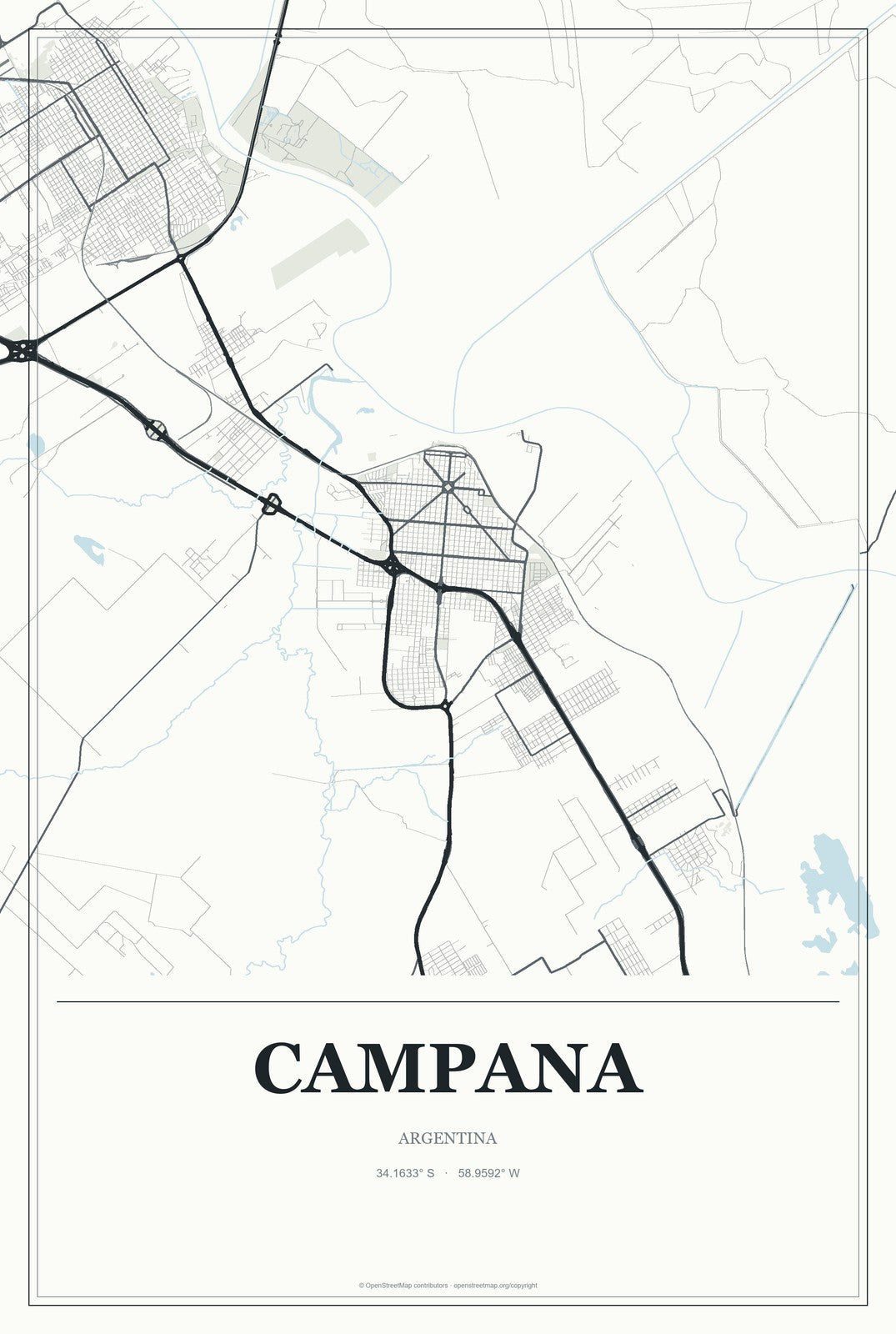 Campana, Argentina City Map Aluminum Sign in Gallery Air style