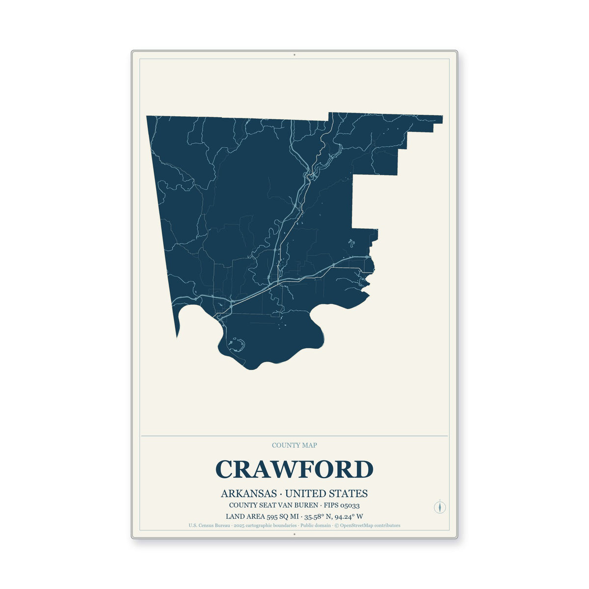 Crawford County, Arkansas Map Aluminum Sign in Coastal Cutout style