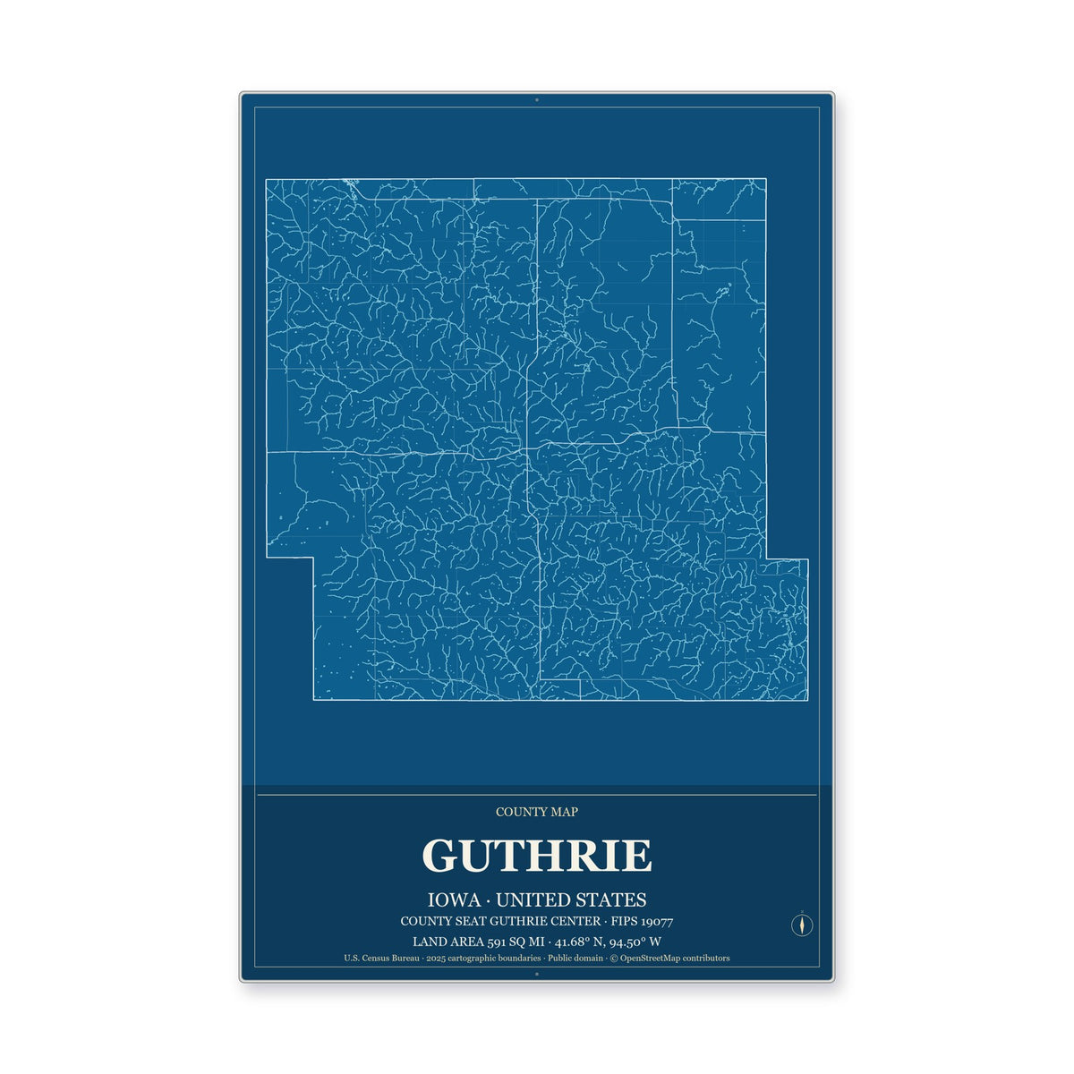 Guthrie County, Iowa Map Aluminum Sign in Harbor Cobalt style