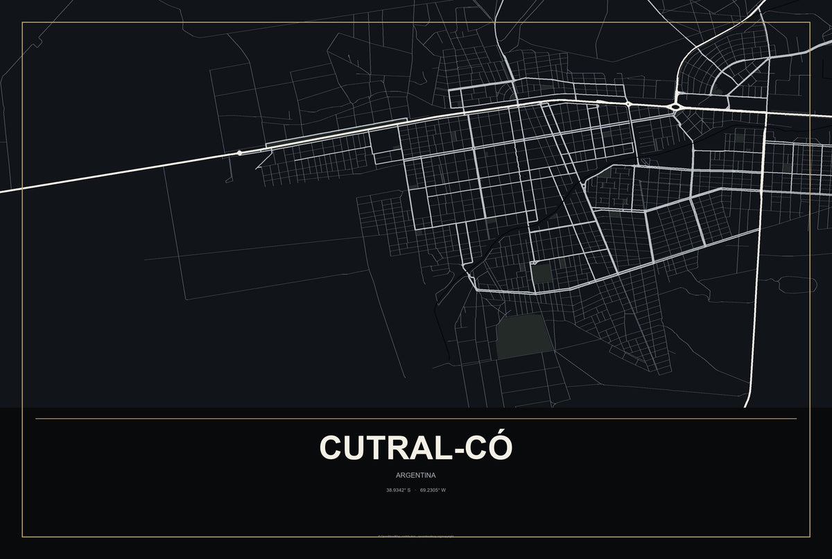 Cutral-Có, Argentina City Map Aluminum Sign in Metropolitan Noir style