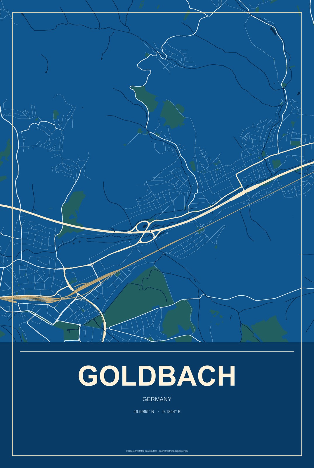 Goldbach, Germany City Map Aluminum Sign in Harbor Cobalt style