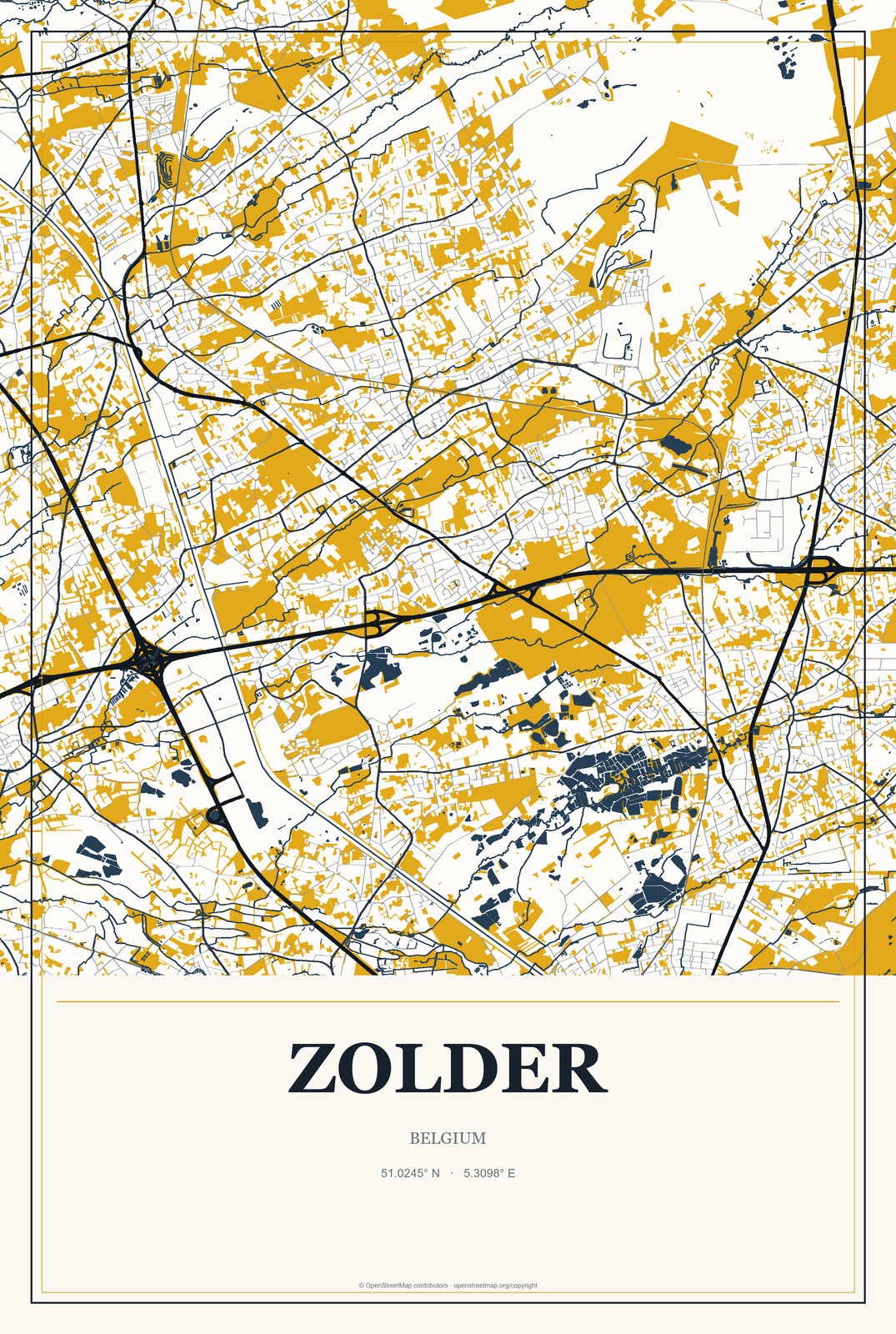 Zolder, Belgium City Map Aluminum Sign in Citrine Modern style