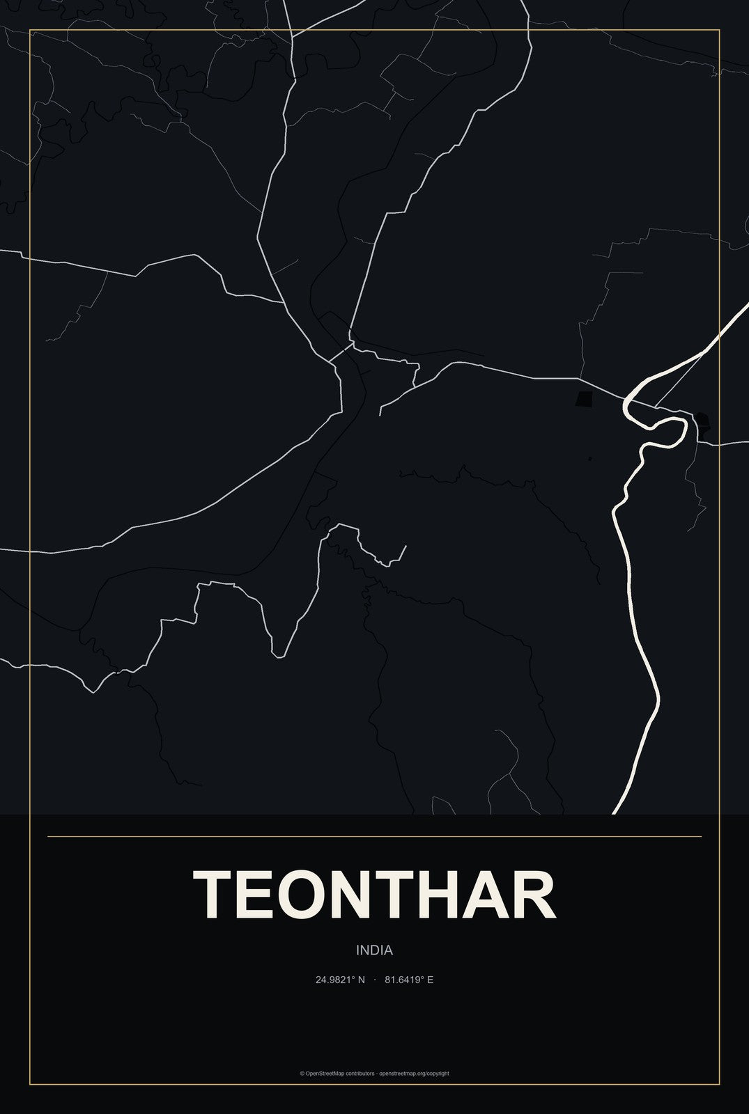Teonthar, India City Map Aluminum Sign in Metropolitan Noir style