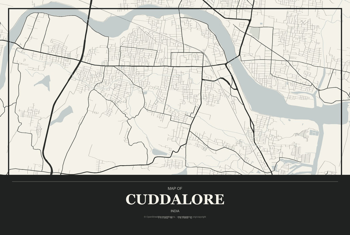 Cuddalore, India City Map Aluminum Sign in Museum Plaque style