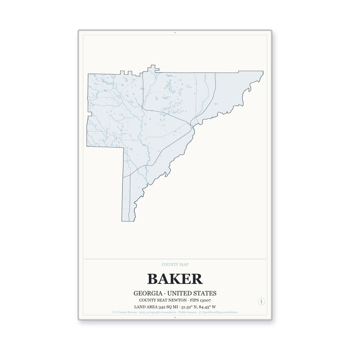 Baker County, Georgia Map Aluminum Sign in Gallery Air style