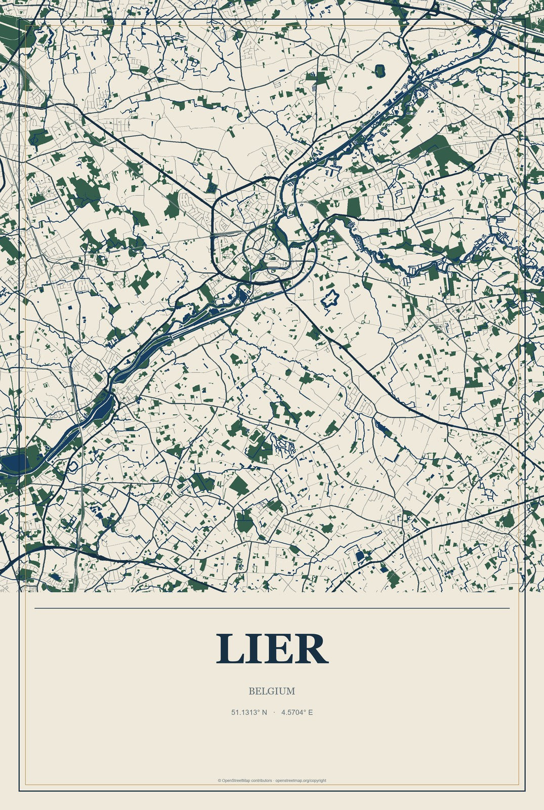 Lier, Belgium City Map Aluminum Sign in Coastal Cutout style