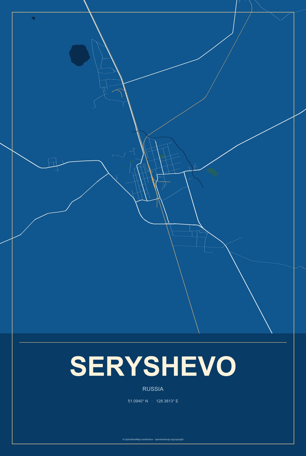 Seryshevo, Russia City Map Aluminum Sign in Harbor Cobalt style