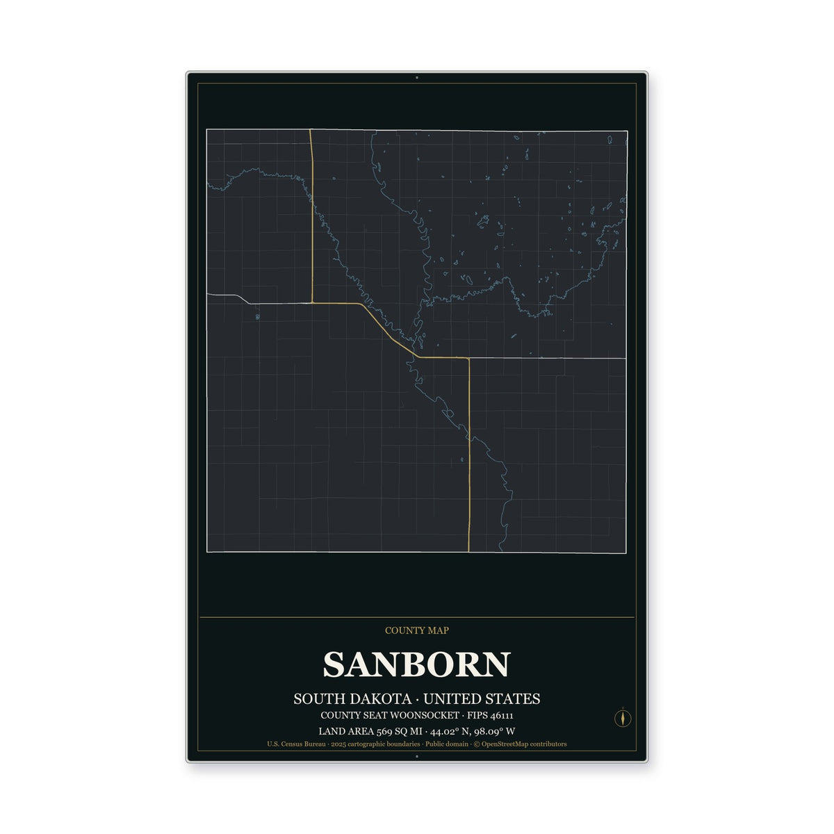 Sanborn County, South Dakota Map Aluminum Sign in Metropolitan Noir style