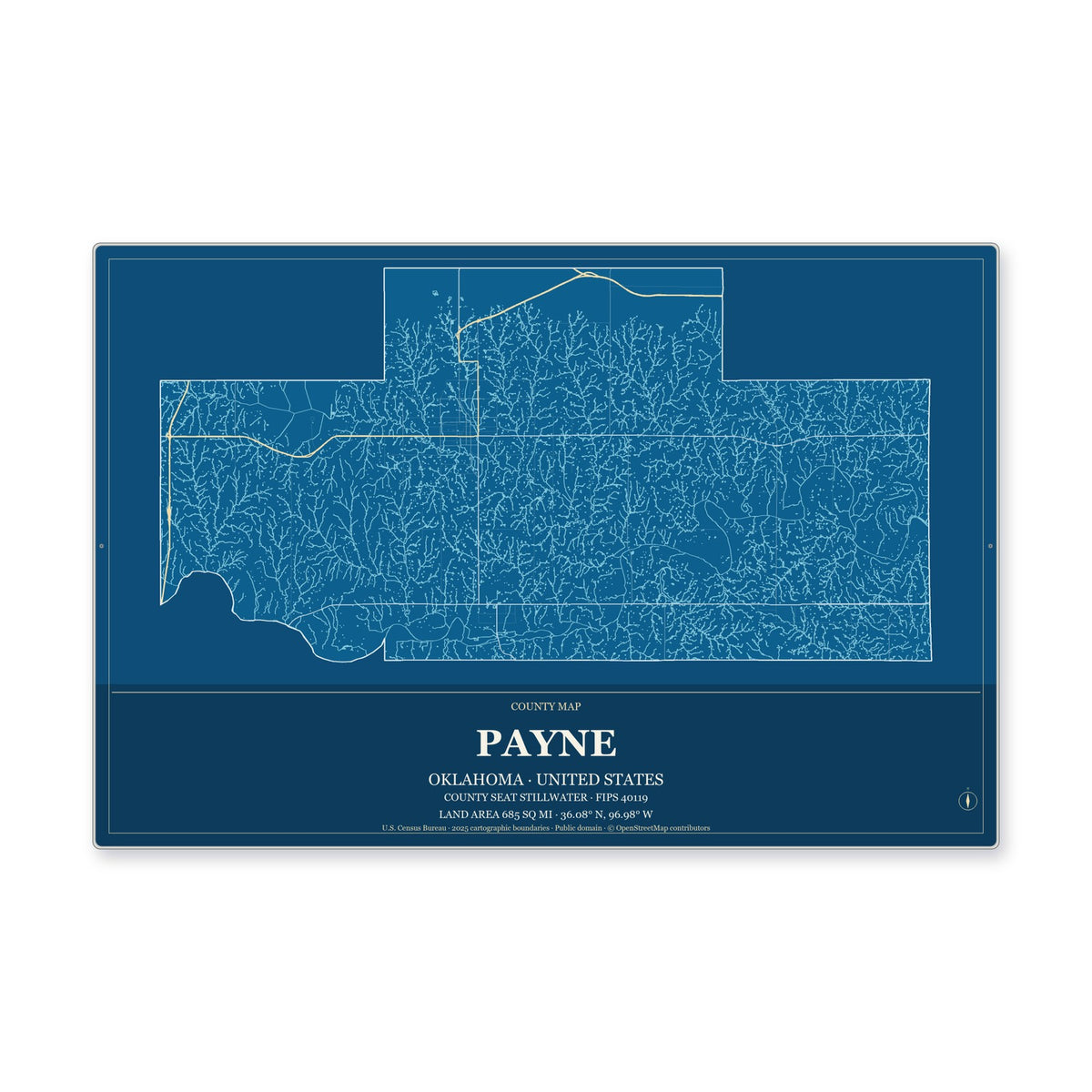 Payne County, Oklahoma Map Aluminum Sign in Harbor Cobalt style
