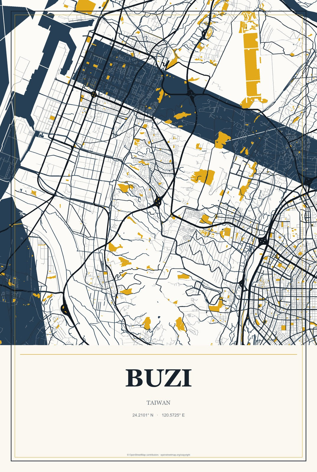 Buzi, Taiwan City Map Aluminum Sign in Citrine Modern style